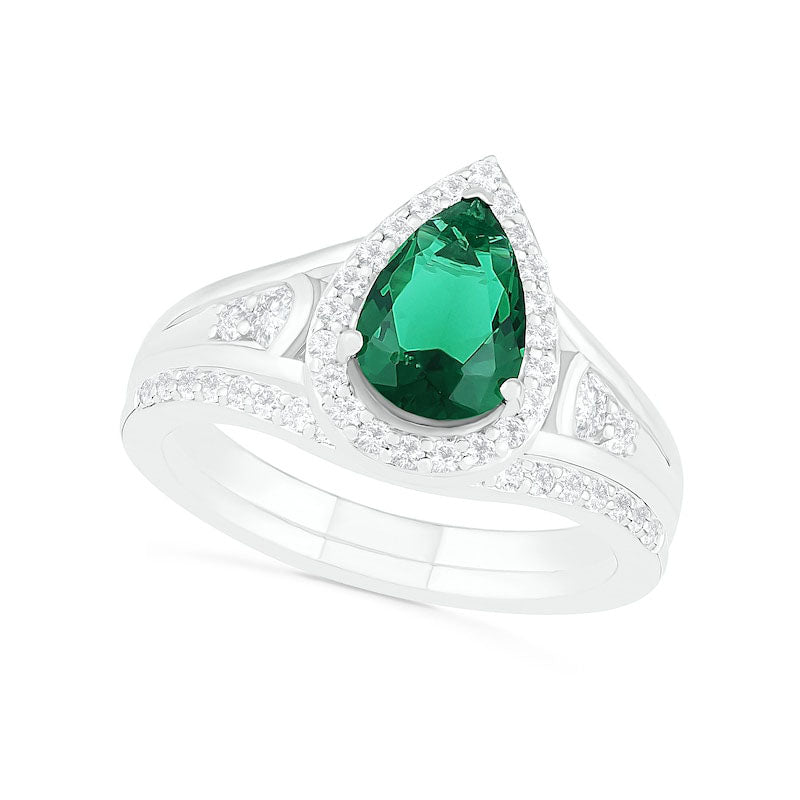 Pear-Shaped Lab-Created Emerald and White Sapphire Geometric Curve Split Shank Bridal Engagement Rin