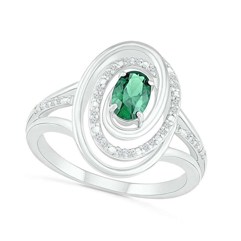 Oval Emerald and 0.07 CT. T.W. Natural Diamond Beaded Open Swirl Frame Triple Row Split Shank Ring i