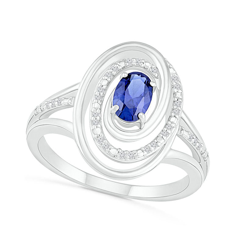 Oval Blue Lab-Created Sapphire and 0.07 CT. T.W. Diamond Swirl Frame Triple Row Split Shank Ring in 