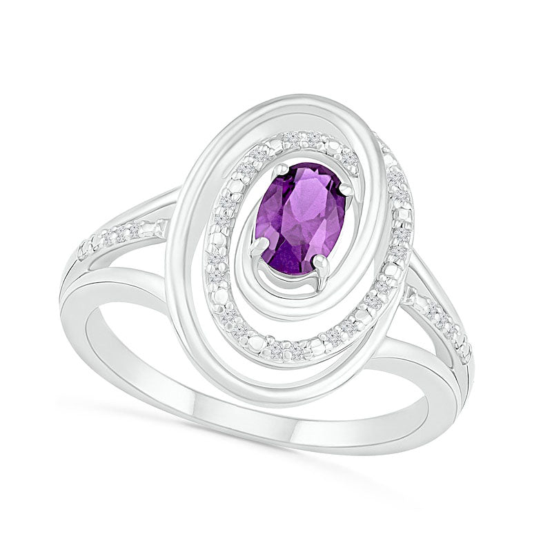 Oval Amethyst and 0.07 CT. T.W. Natural Diamond Beaded Open Swirl Frame Triple Row Split Shank Ring 