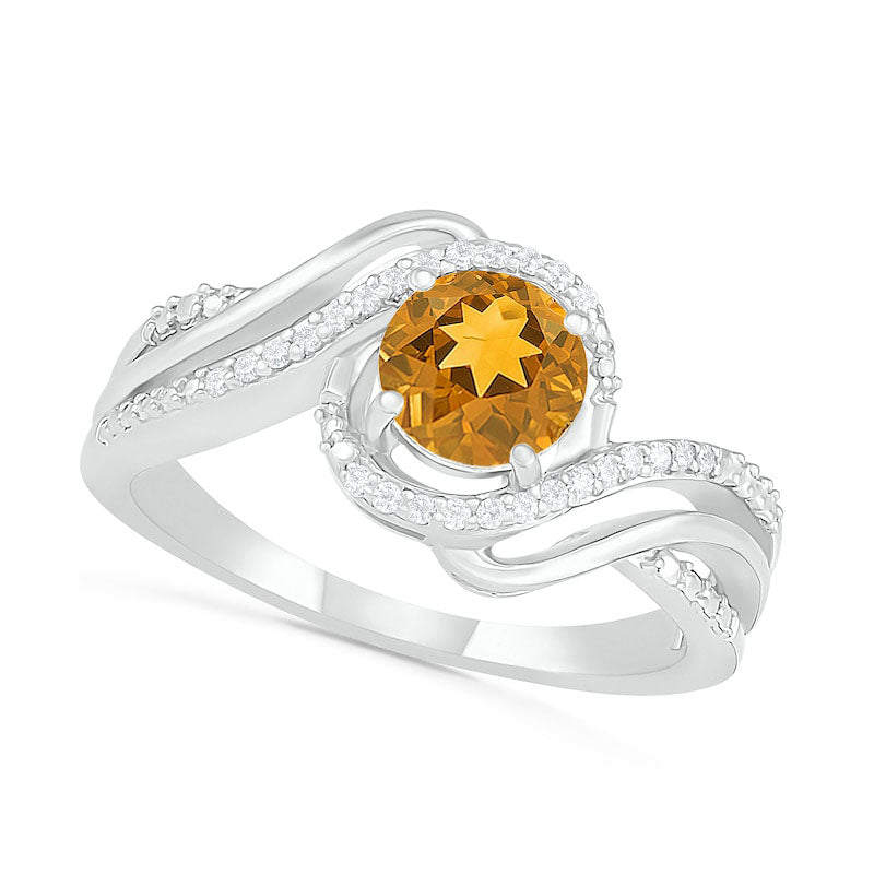 6.0mm Citrine and 0.07 CT. T.W. Natural Diamond Beaded Triple Row Bypass Twist Shank Ring in Sterlin