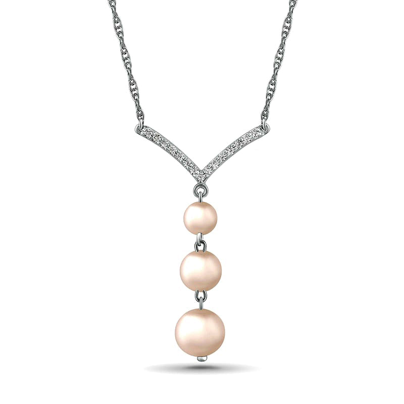 4.0-6.0mm Cultured Freshwater Pearl and White Lab-Created Sapphire Chevron "Y" Necklace in