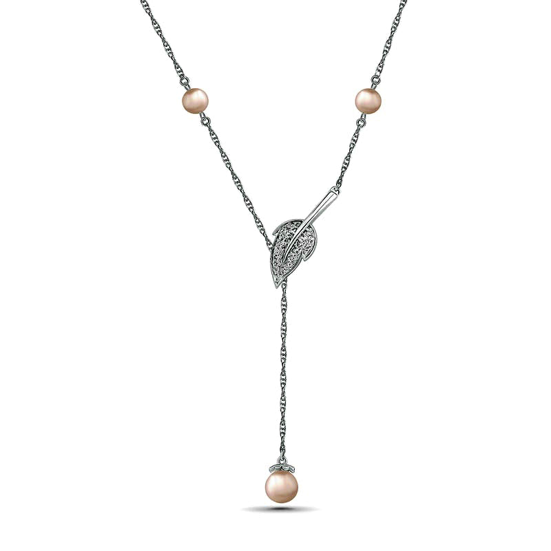 Cultured Freshwater Pearl and White Lab-Created Sapphire Leaf Accent Station Lariat Necklace in Ster