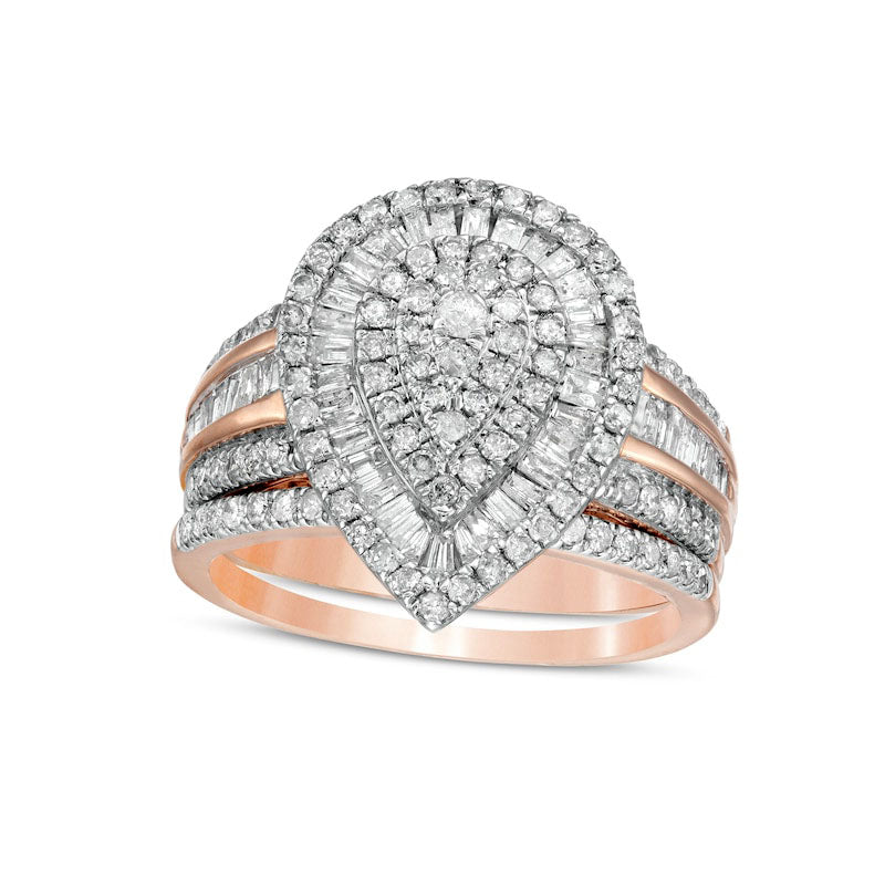 1.25 CT. T.W. Composite Baguette and Round Natural Diamond Triple Teardrop Frame Bridal Engagement R