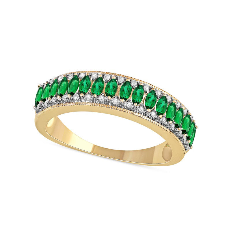 Marquise Emerald and 0.10 CT. T.W. Natural Diamond Border Triple Row Antique Vintage-Style Ring in S