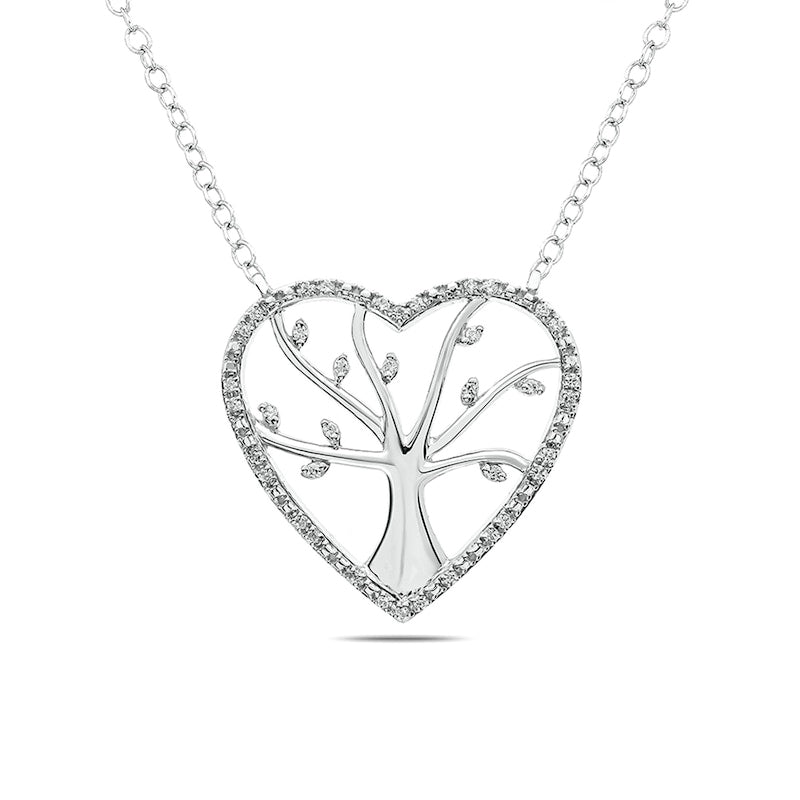 0.1 CT. T.W. Natural Diamond Heart Outline Tree of Life Necklace