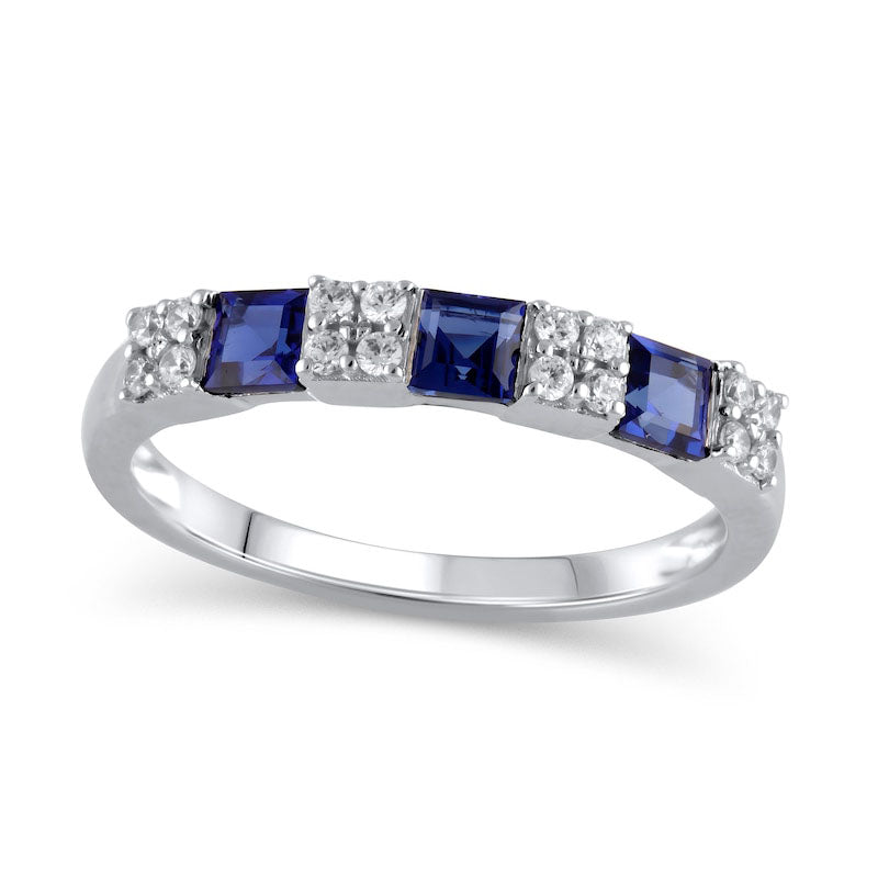 Princes-Cut Blue Sapphire and 0.17 CT. T.W. Natural Diamond Quad Three Stone Alternating Ring in Sol