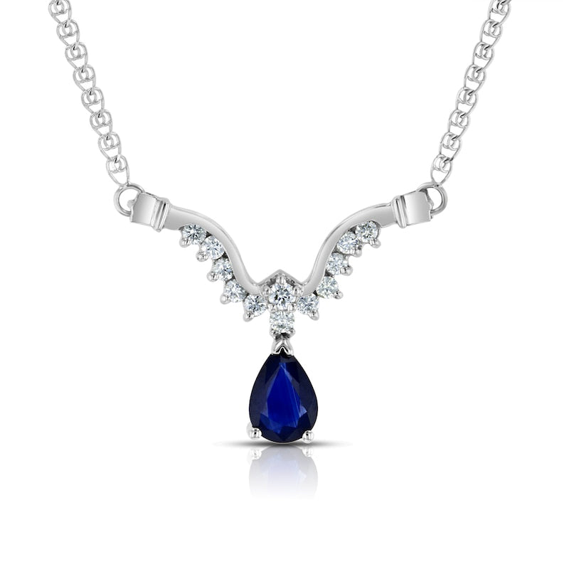 Pear-Shaped Blue Sapphire and 0.25 CT. T.W. Natural Diamond Curved Abstract Teardrop Necklace in 14K