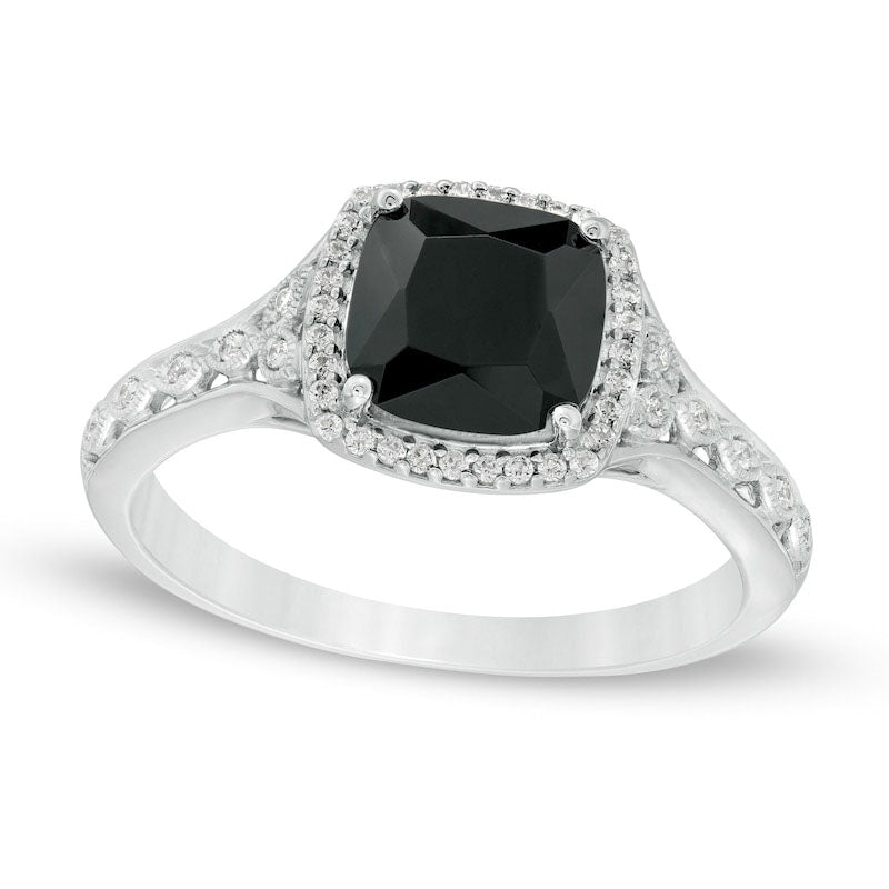 7.0mm Cushion-Cut Black Sapphire and 0.10 CT. T.W. Natural Diamond Frame Antique Vintage-Style Ring 