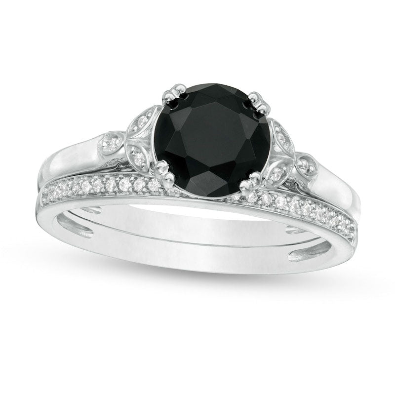 8.0mm Black Sapphire and 0.10 CT. T.W. Natural Diamond Leaf Sides Bridal Engagement Ring Set in Soli