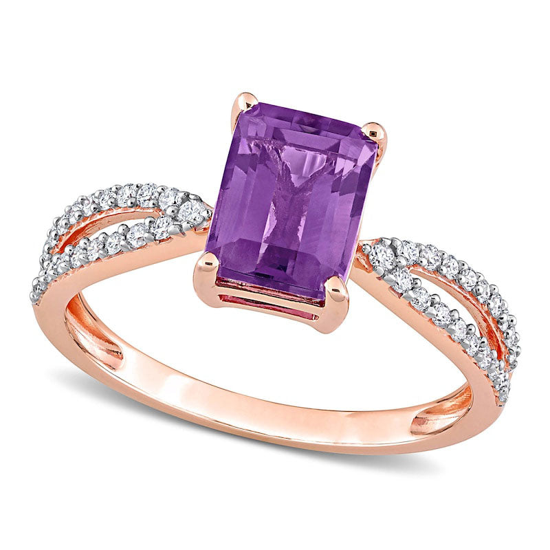 Emerald-Cut Amethyst and 0.20 CT. T.W. Natural Diamond Tapered Split Shank Ring in Solid 14K Rose Go