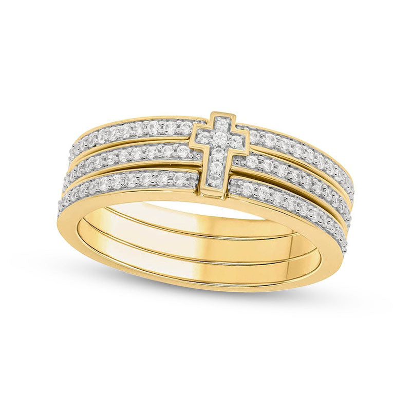 0.33 CT. T.W. Natural Diamond Cross Stack Ring Set in Sterling Silver with Solid 14K Gold Plate