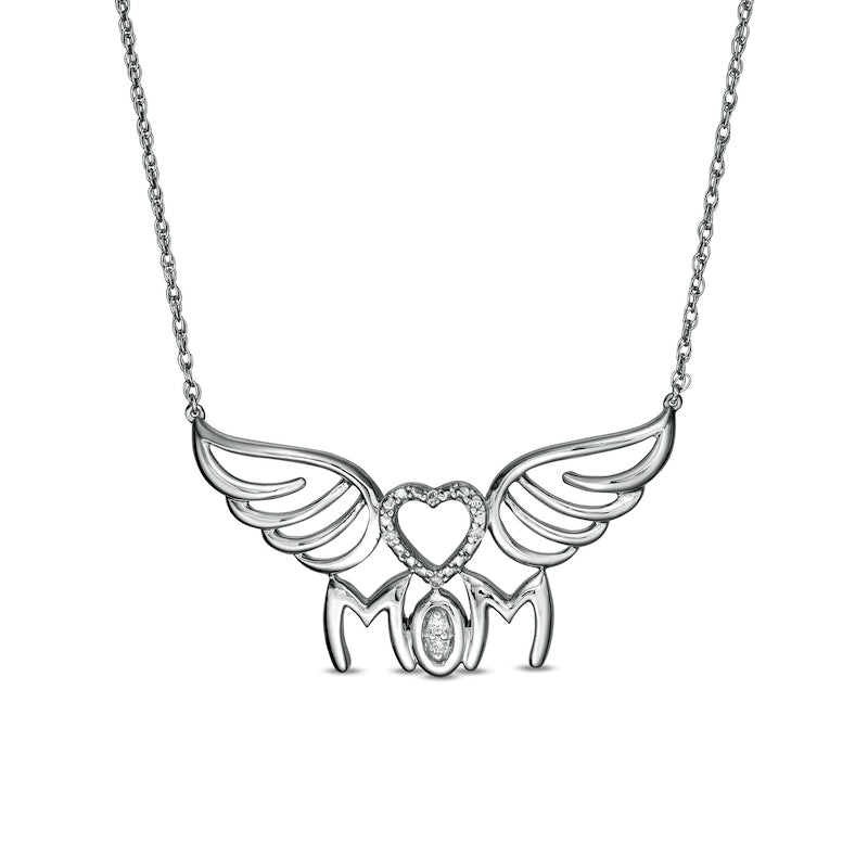 Natural Diamond Accent "MOM" Heart Wings Necklace in Sterling Silver