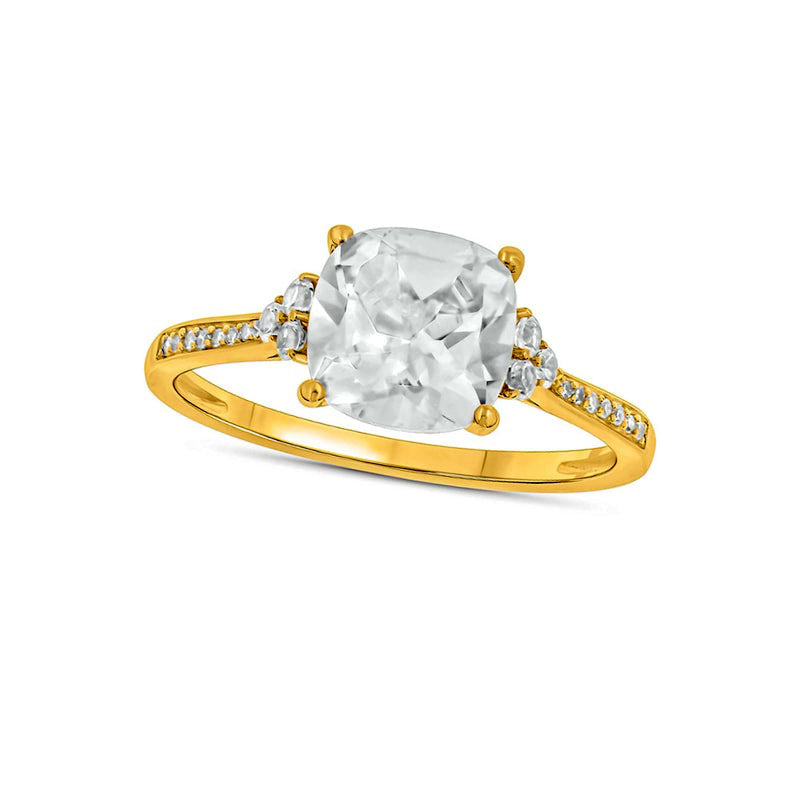 8.0mm Cushion-Cut White Lab-Created Sapphire and 0.05 CT. T.W. Diamond Tri-Sides Ring in Solid 10K Y