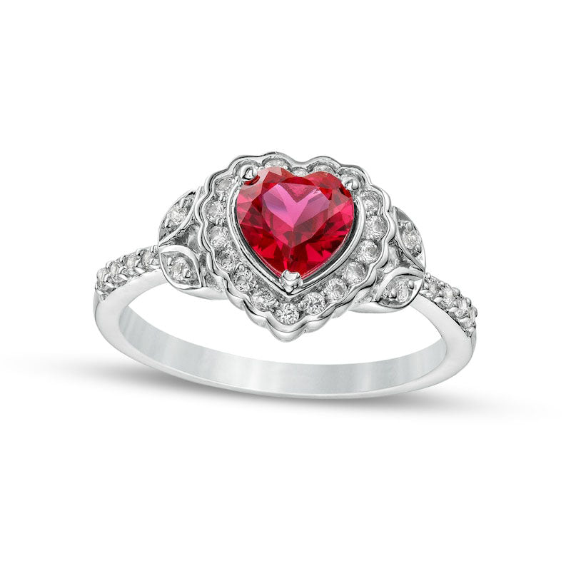 Heart-Shaped Lab-Created Ruby and White Lab-Created Sapphire Scallop Frame Leaf-Sides Flower Ring in