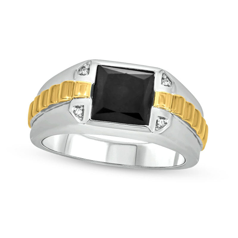 Men's 8.0mm Square Onyx and Natural Diamond Accent Ribbed Shank Ring in Sterling Silver and Soli