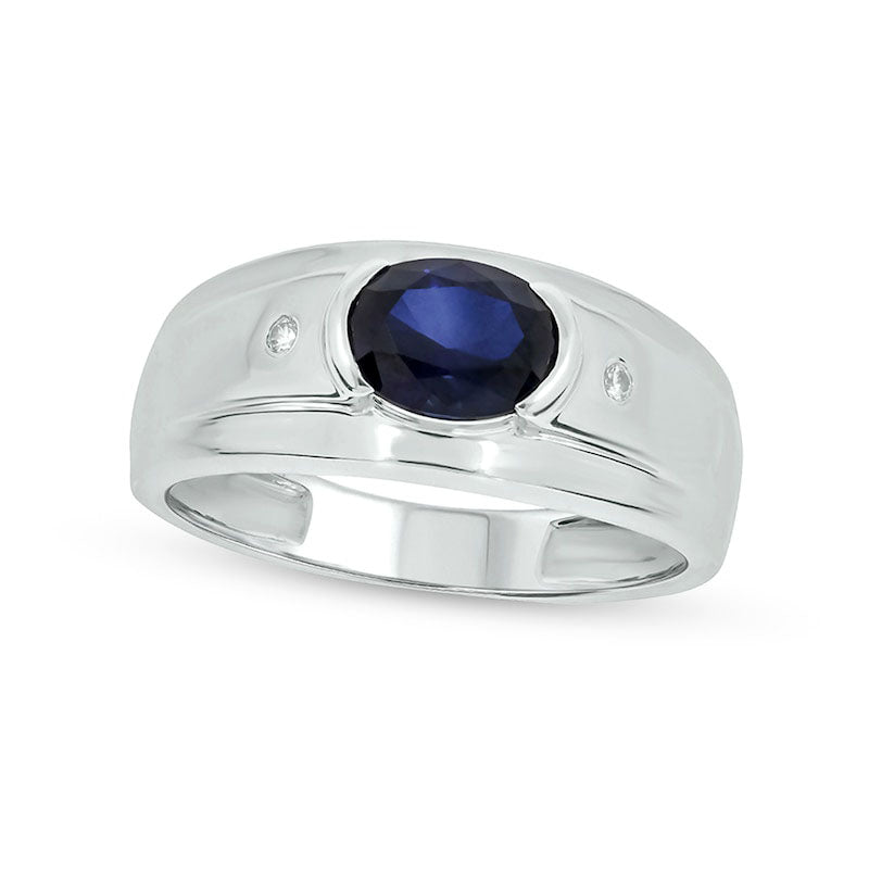 Men's Sideways Oval Blue Lab-Created Sapphire and Diamond Accent Bevelled Edge Ring in Sterling 