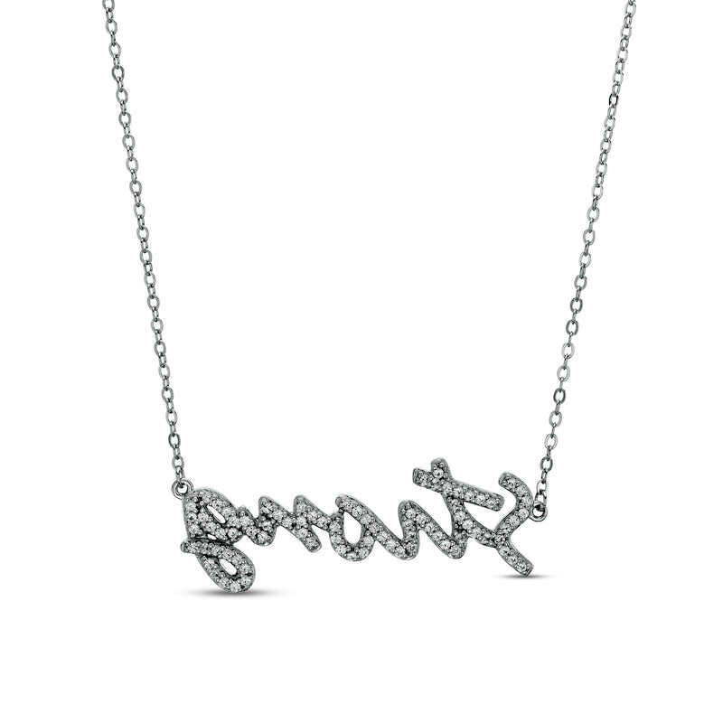 White Lab-Created Sapphire Cursive "Strong" Necklace in Sterling Silver