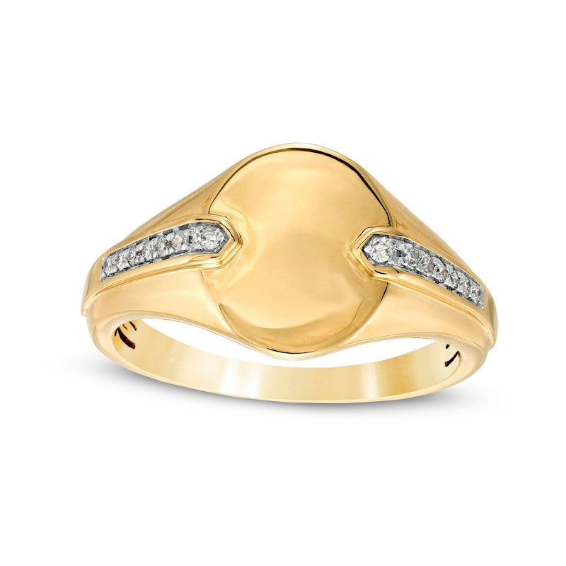 Men's 0.10 CT. T.W. Natural Diamond Chevron Shank Overlay Oval Signet Ring in Solid 10K Yellow G