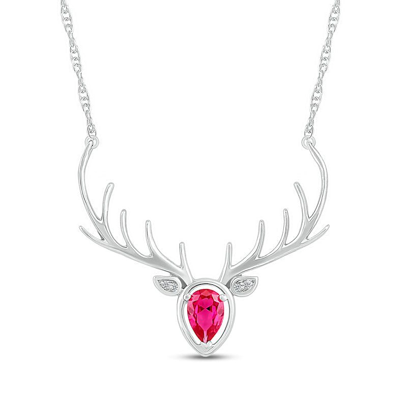 Pear-Shaped Lab-Created Ruby and Diamond Accent Deer with Antlers Necklace in Sterling Silver