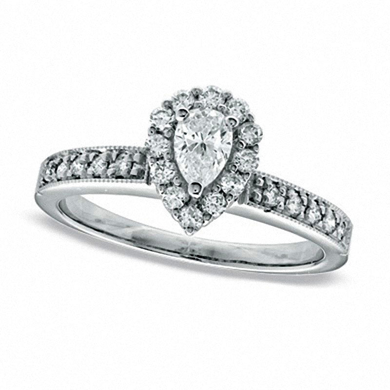 Previously Owned - 0.63 CT. T.W. Pear-Shaped Natural Diamond Frame Engagement Ring in Solid 14K Whit