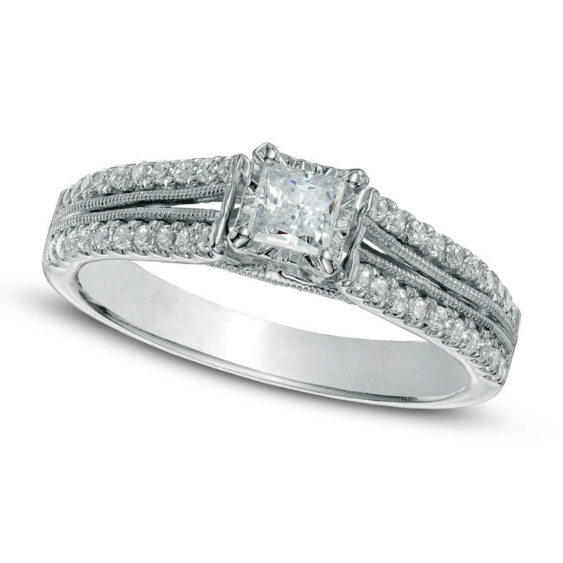 Previously Owned - 0.50 CT. T.W. Princess-Cut Natural Diamond Split Shank Engagement Ring in Solid 1