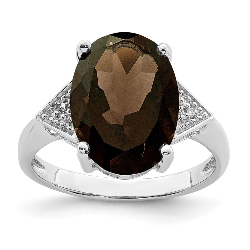 Sterling Silver Rhodium Smoky Quartz & Diamond Ring