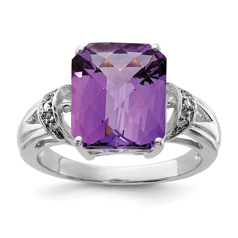 Sterling Silver Rhodium-plated Checker-Cut Amethyst & Diamond Ring