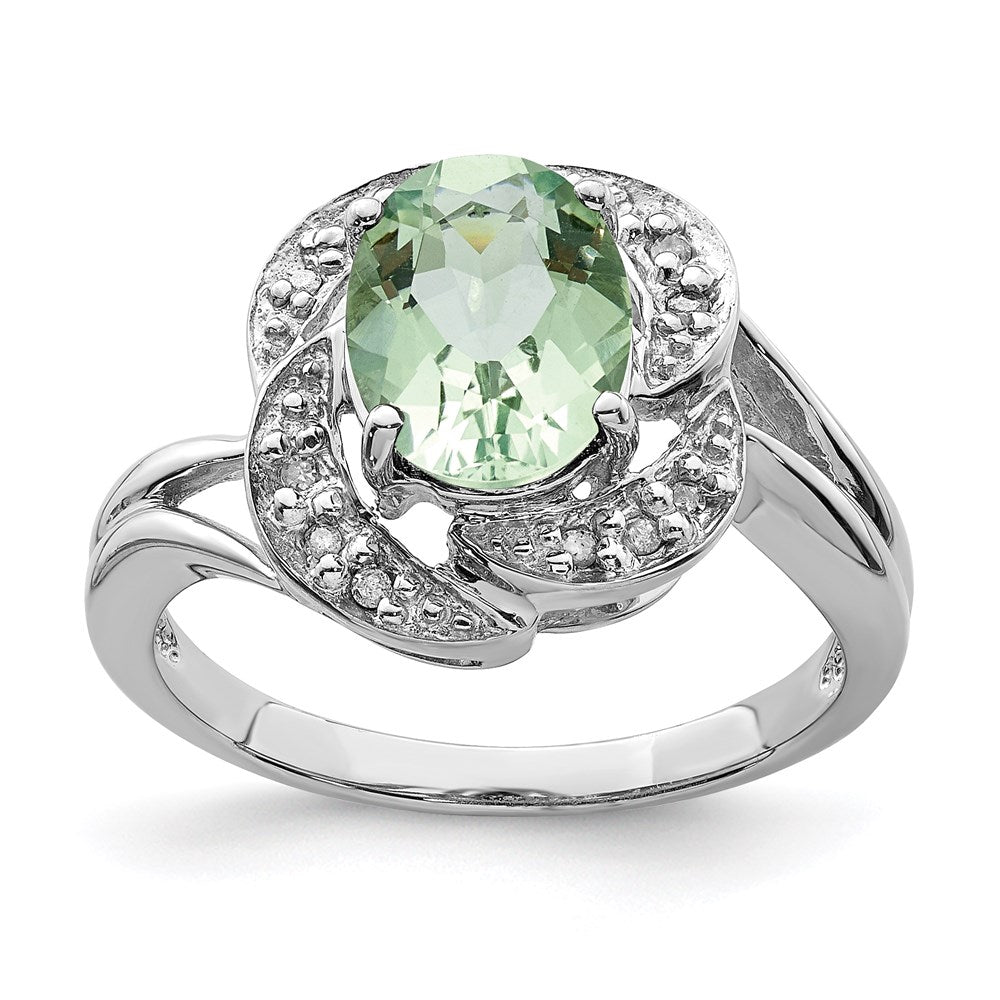 Sterling Silver Rhodium Green Quartz & Diamond Ring