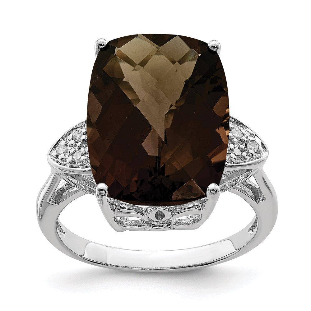 Sterling Silver Rhodium Checker-Cut Smoky Quartz & Diamond Ring