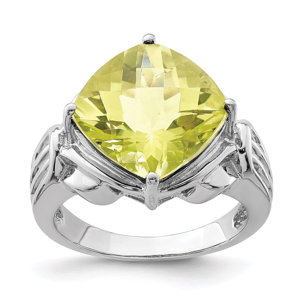 Sterling Silver Rhodium Checker-Cut Lemon Quartz Ring