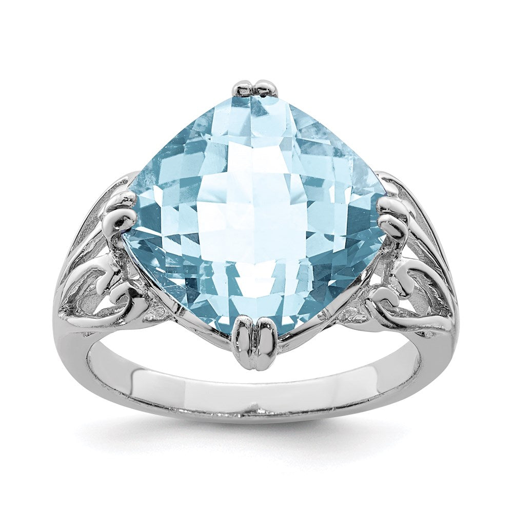 Sterling Silver Rhodium Checker-Cut Sky Blue Topaz Ring