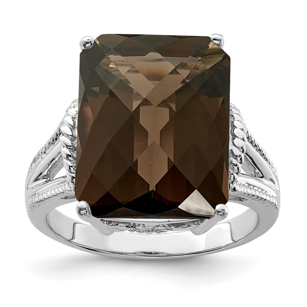 Sterling Silver Rhodium Checker-Cut Smoky Quartz Ring