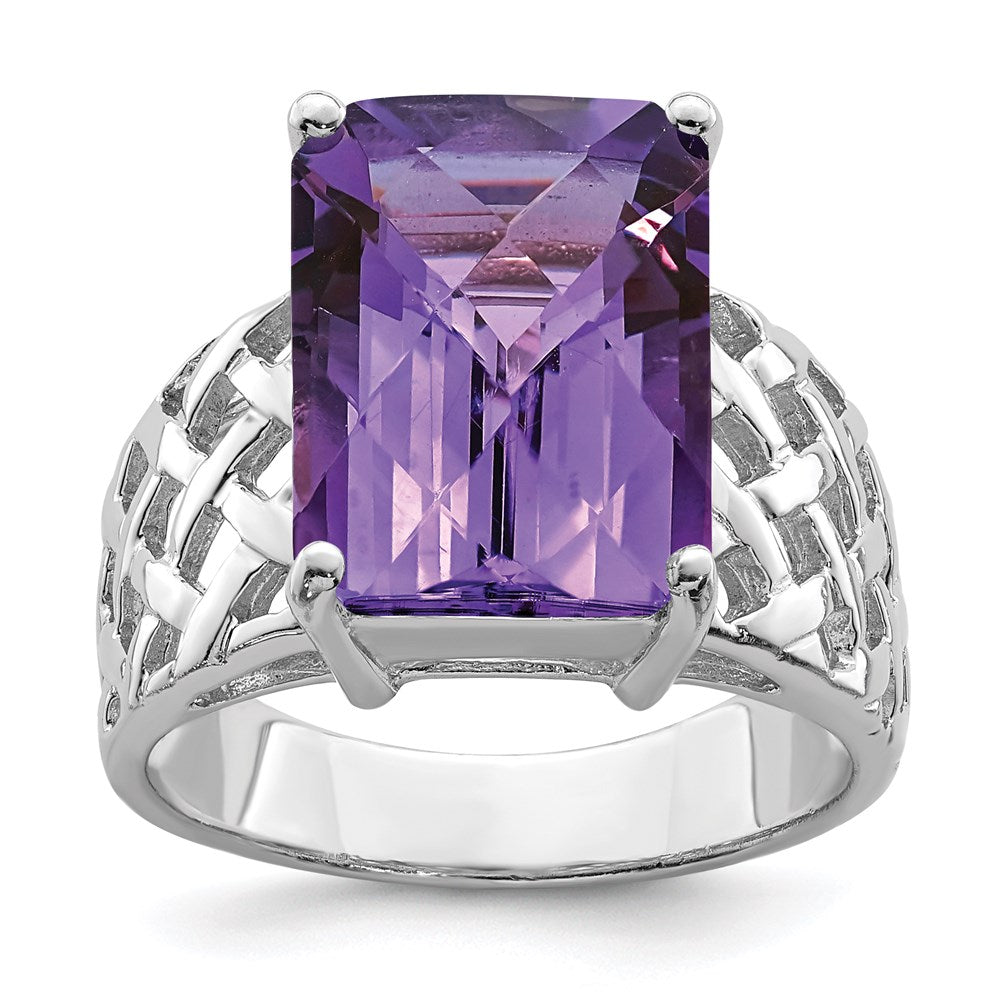 Sterling Silver Rhodium-plated Checker-Cut Amethyst Ring