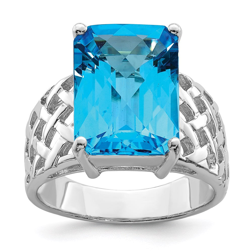 Sterling Silver Rhodium Checker-Cut Blue Topaz Ring