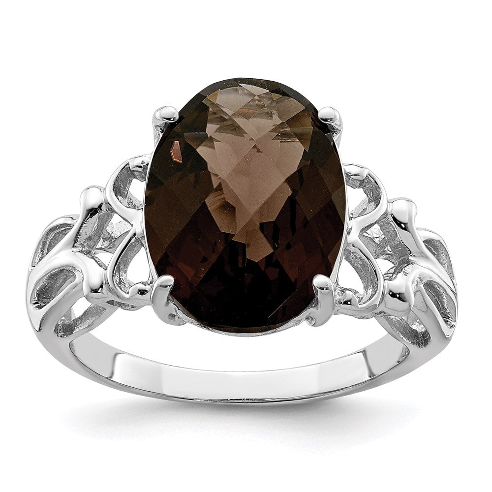 Sterling Silver Rhodium Checker-Cut Smoky Quartz Ring