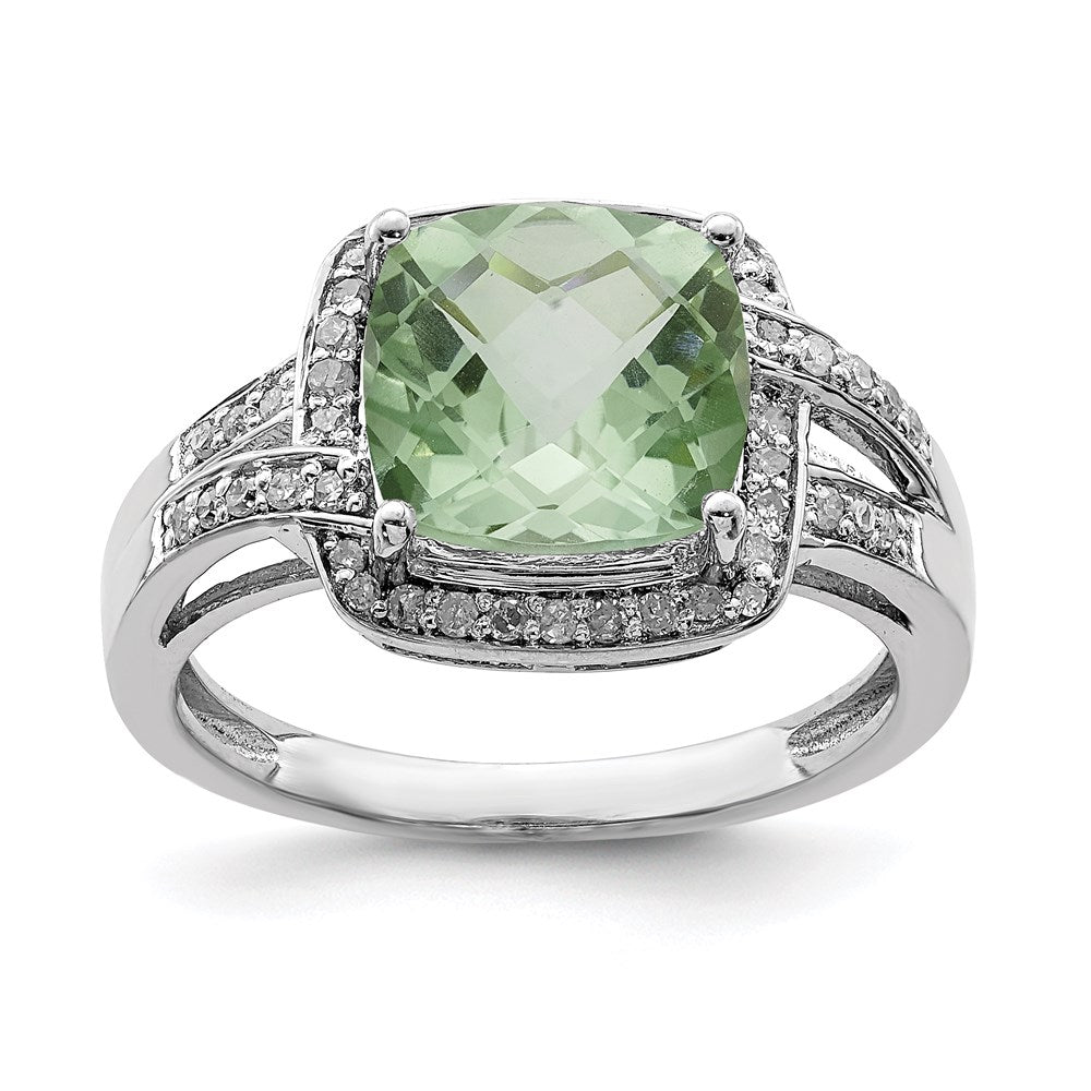 Sterling Silver Rhodium Diamond & Checker-Cut Green Quartz Ring