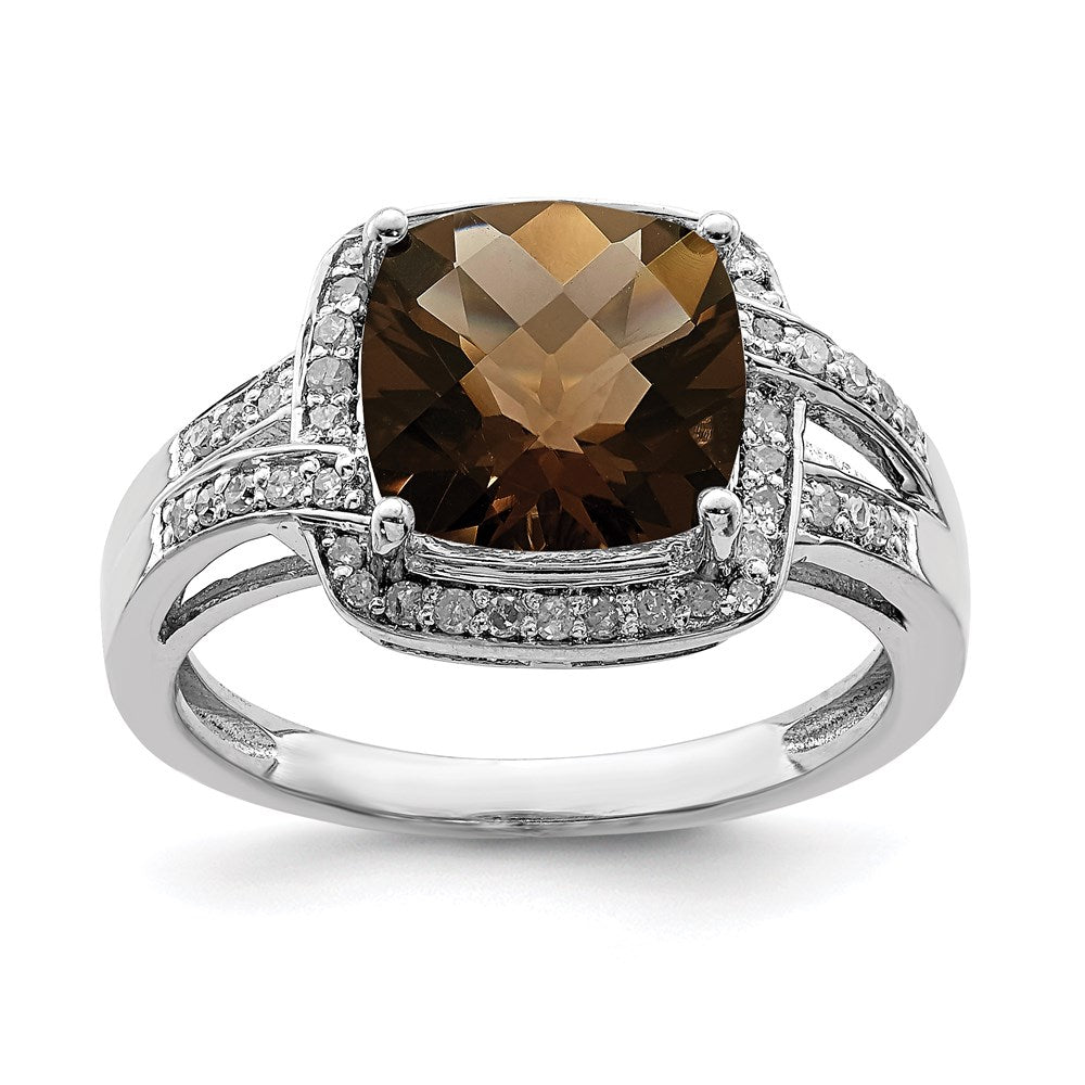 Sterling Silver Rhodium Diamond & Checker-Cut Smoky Quartz Ring