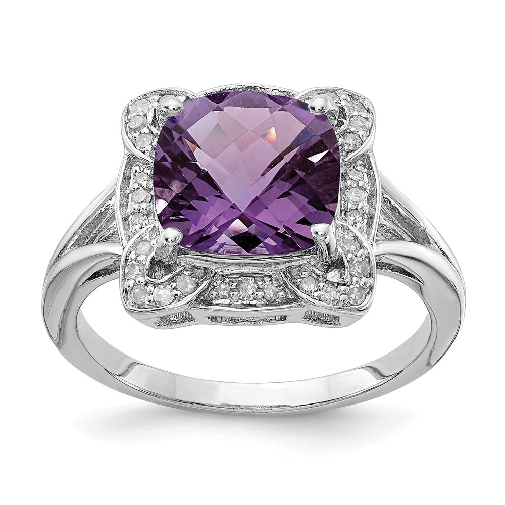 Sterling Silver Rhodium-plated Diamond & Checker-Cut Amethyst Ring