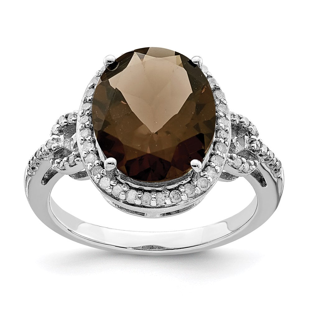 Sterling Silver Rhodium Diamond & Checker-Cut Smoky Quartz Ring