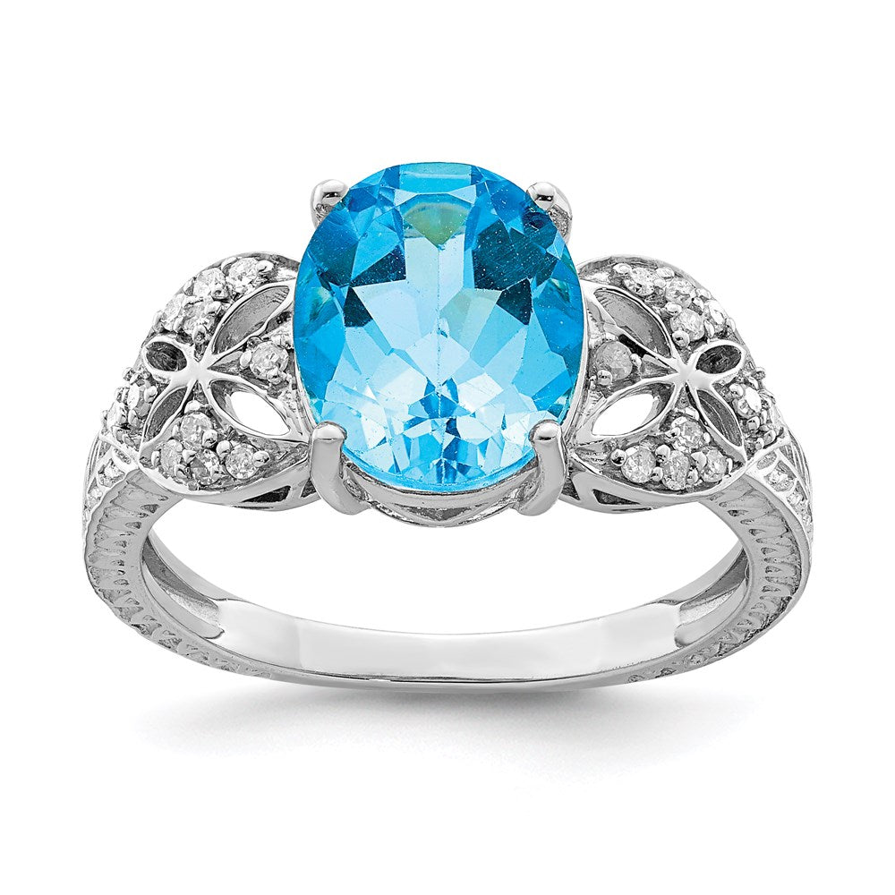 Sterling Silver Rhodium Blue Topaz & Diamond Ring