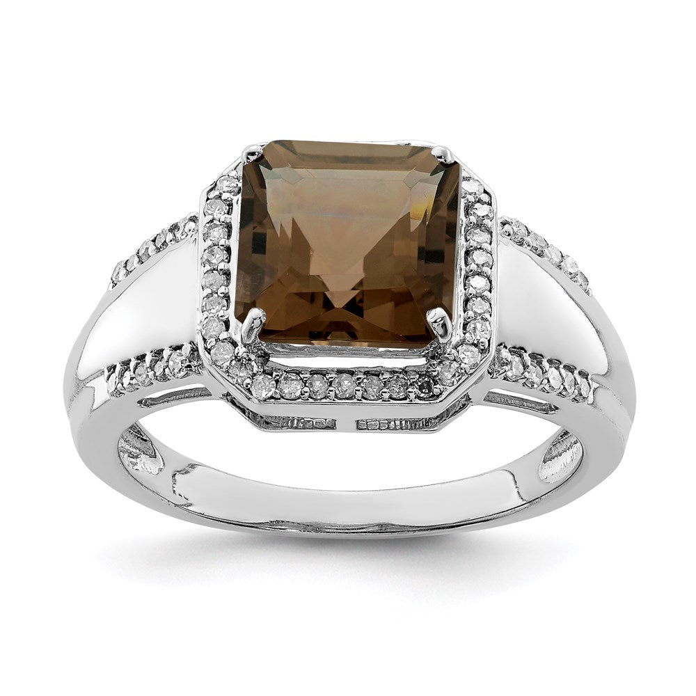 Sterling Silver Rhodium Diamond & Smoky Quartz Ring