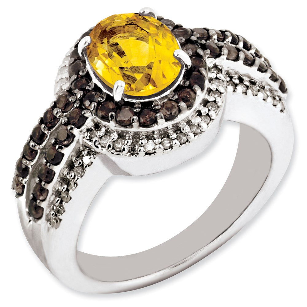 Sterling Silver Citrine and Smoky Quartz & Diamond Ring