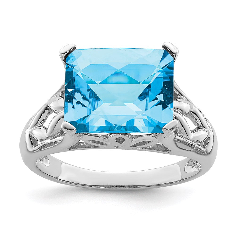 Sterling Silver Rhodium Checker-Cut Blue Topaz Ring