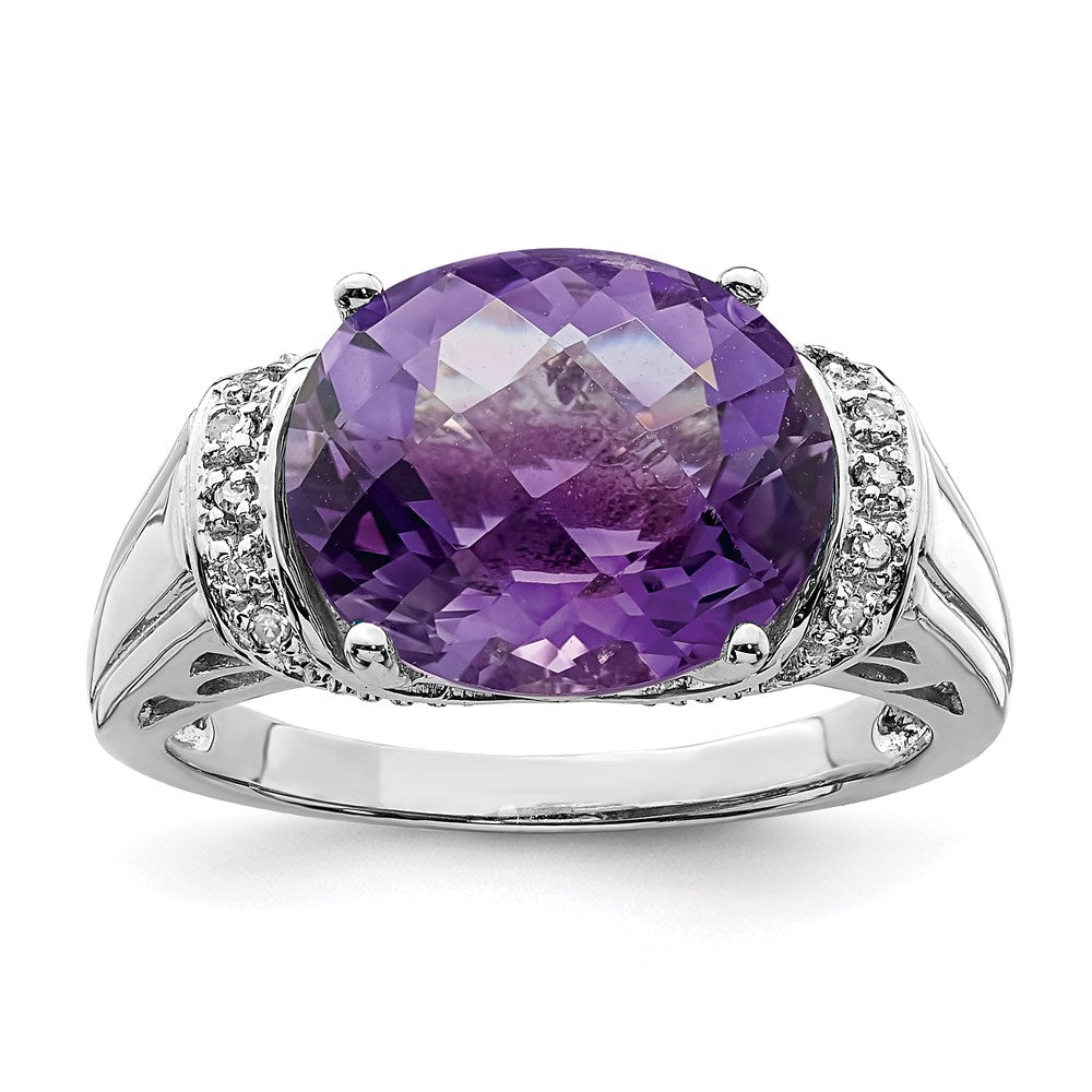 Sterling Silver Rhodium-plated Checker-Cut Amethyst & Diamond Ring