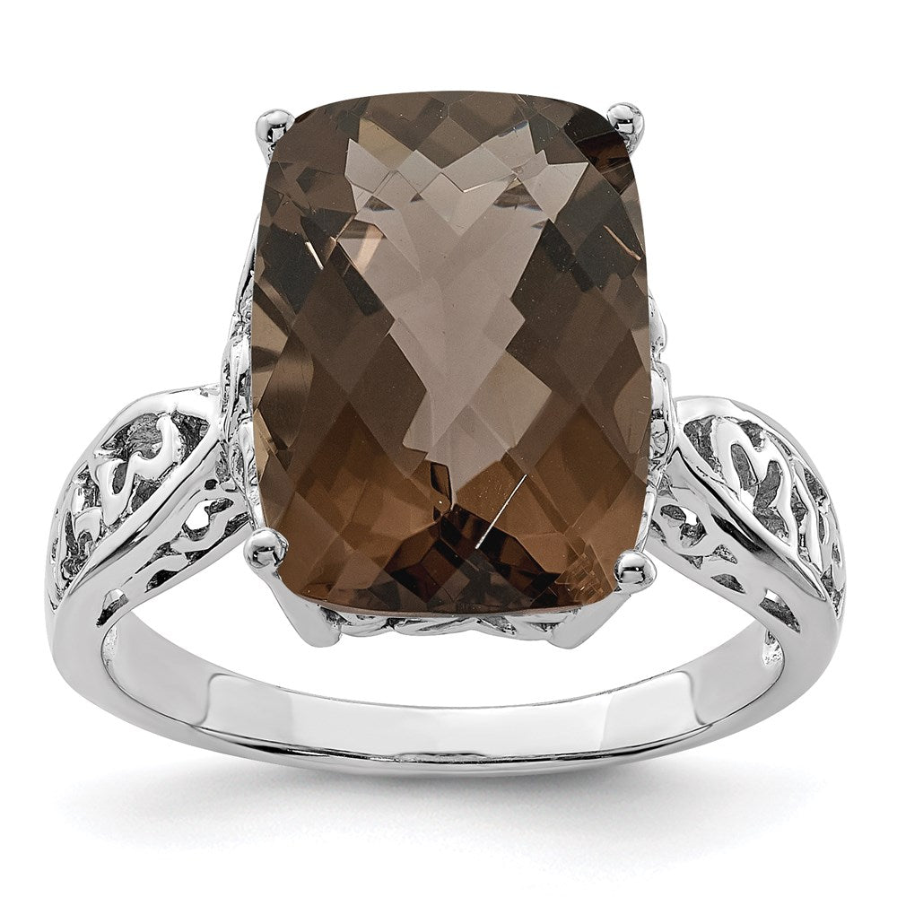 Sterling Silver Rhodium Checker-Cut Smoky Quartz Ring