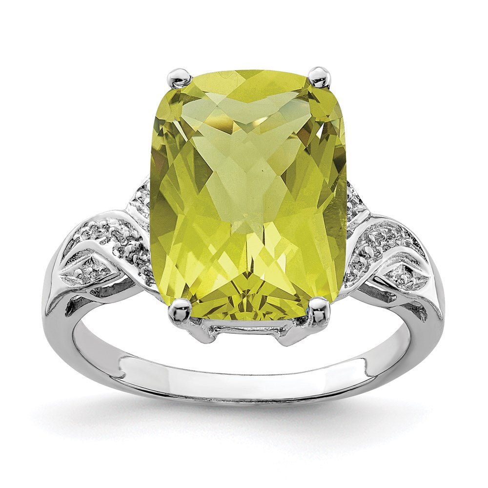 Sterling Silver Rhodium Checker-Cut Lemon Quartz Ring