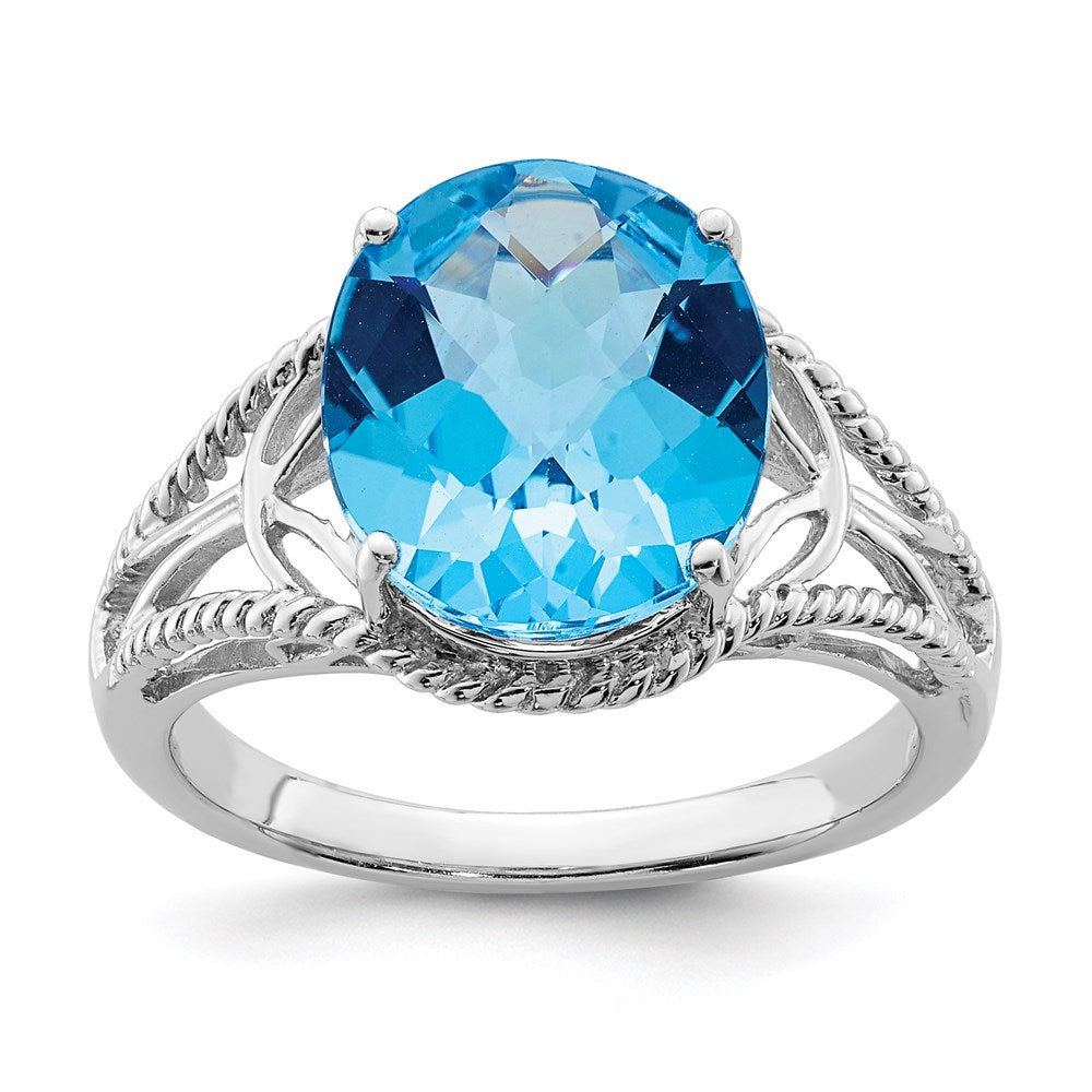 Sterling Silver Rhodium Checker-Cut Blue Topaz Ring