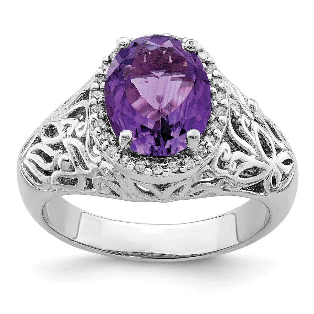 Sterling Silver Rhodium-plated Amethyst & Diamond Ring