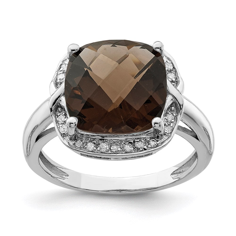 Sterling Silver Rhodium Checker-Cut Smoky Quartz & Diamond Ring